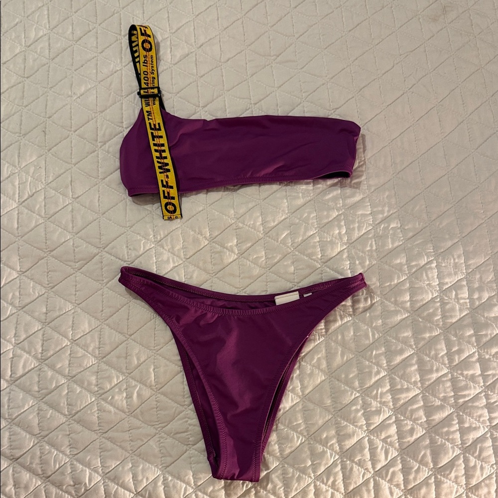 Off-White Purple Bikini Set with Yellow Branded Strap